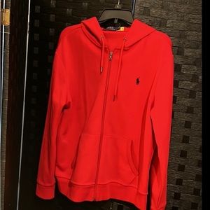 Men red zip up hoodie